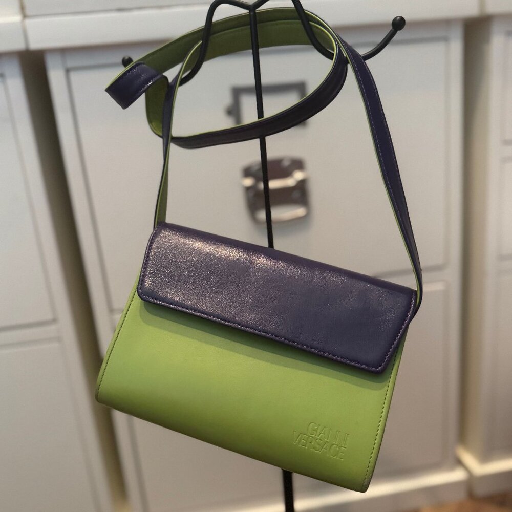 Rare Gianni Versace Green and Blue Leather Crossbody